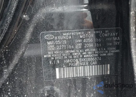 2019 Hyundai Elantra Sport из США, поврежденный, VIN KMHD04LBXKU886874